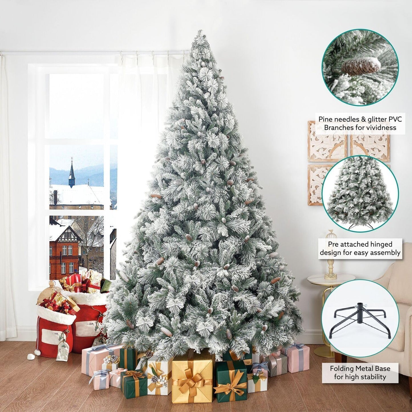 Naomi Home 9ft Slim Christmas Tree with Lights Realistic Skinny Pencil Christmas Tree Prelit with 1455 Branch Tips 500 Warm Lights and Metal Stand Aritificial Tree Árbol De Navidad