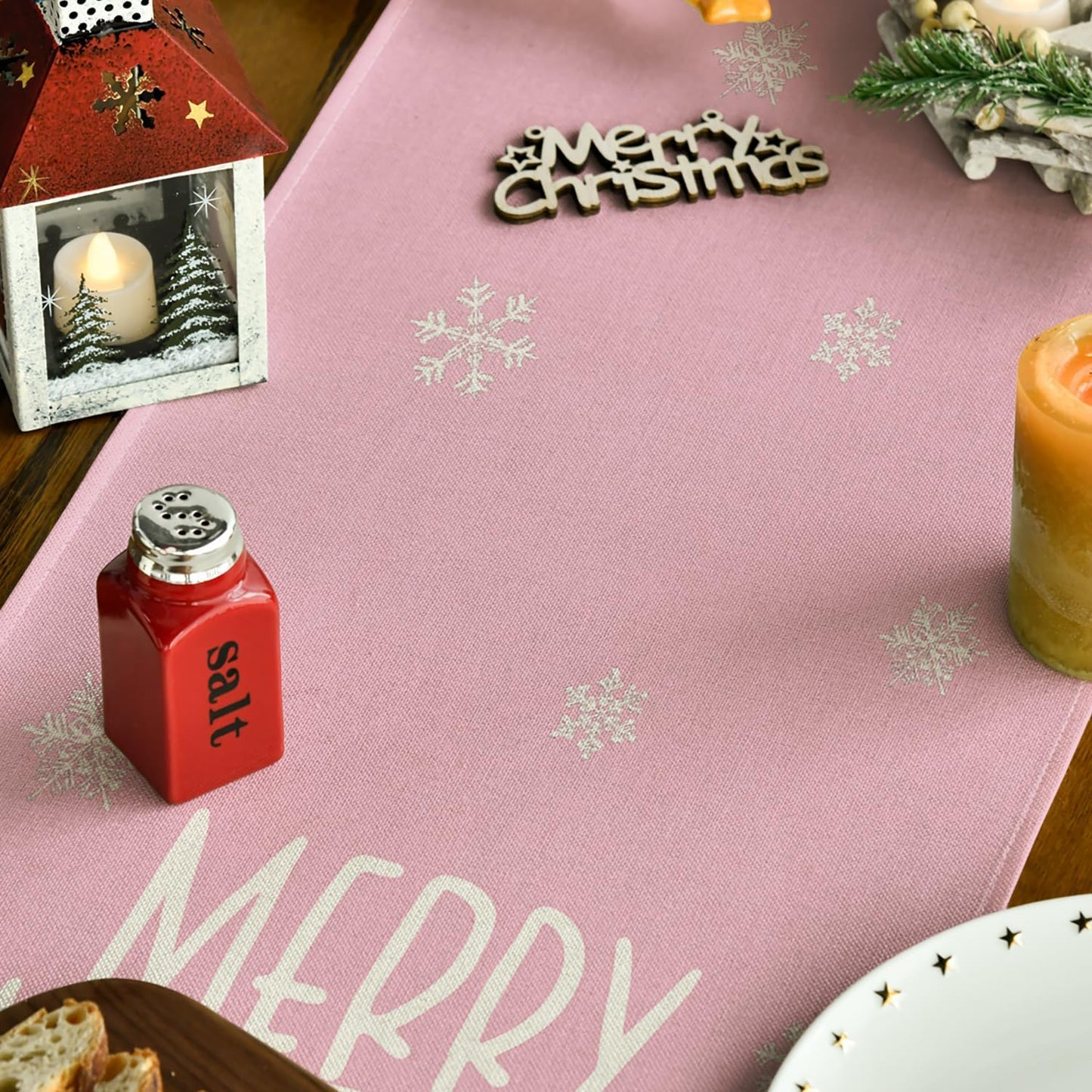 Artoid Mode Xmas Trees Snowflakes Pink Merry Christmas Table Runner, Winter Seasonal Kitchen Dining Table Decoration for Home Party Decor 13x90 Inch