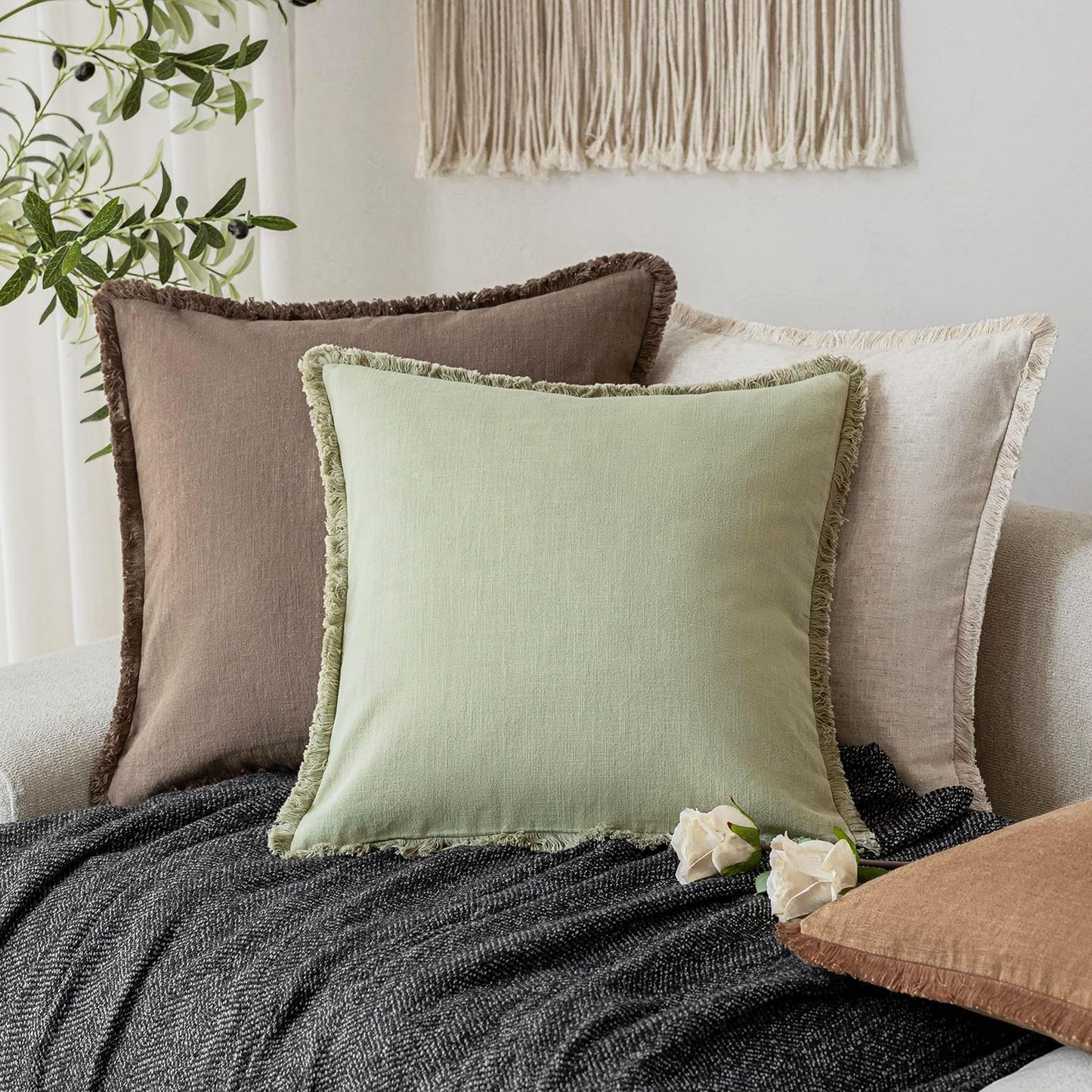 Foindtower Set of 2 Decorative Linen Fringe Throw Pillow Covers Cozy Boho Farmhouse Cushion Cover with Tassels Accent Pillowcase for Couch Sofa Bed Living Room Home Decor,26×26 Inch,Light Sage Green