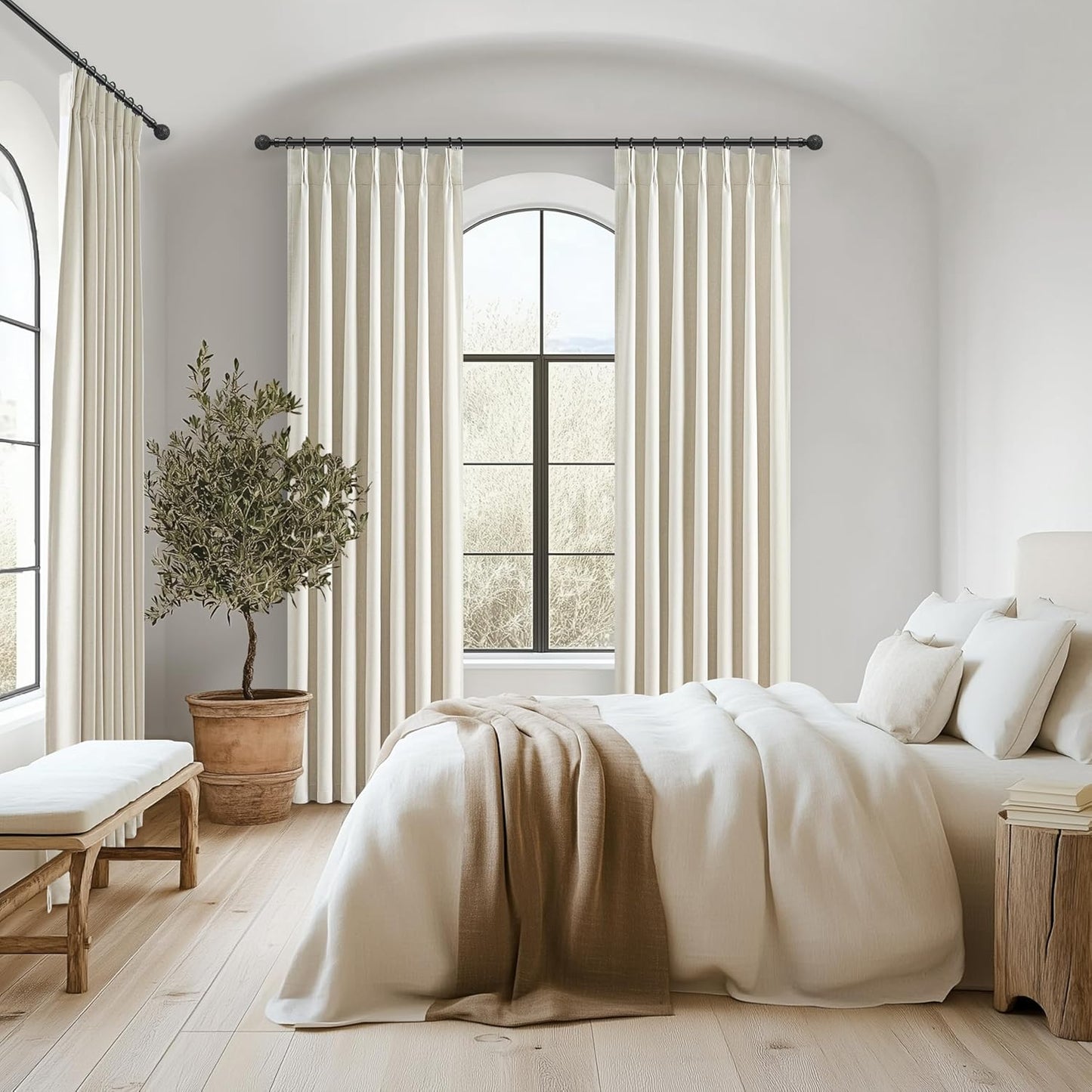 Cream Pleat Blackout Curtains 84 Inch Length 2 Panels Set for Living Room, Farmhouse Linen Blend Thermal Window Drapes Pinch Pleated Room Darkening Bedroom Light Beige 40" W x 84" L