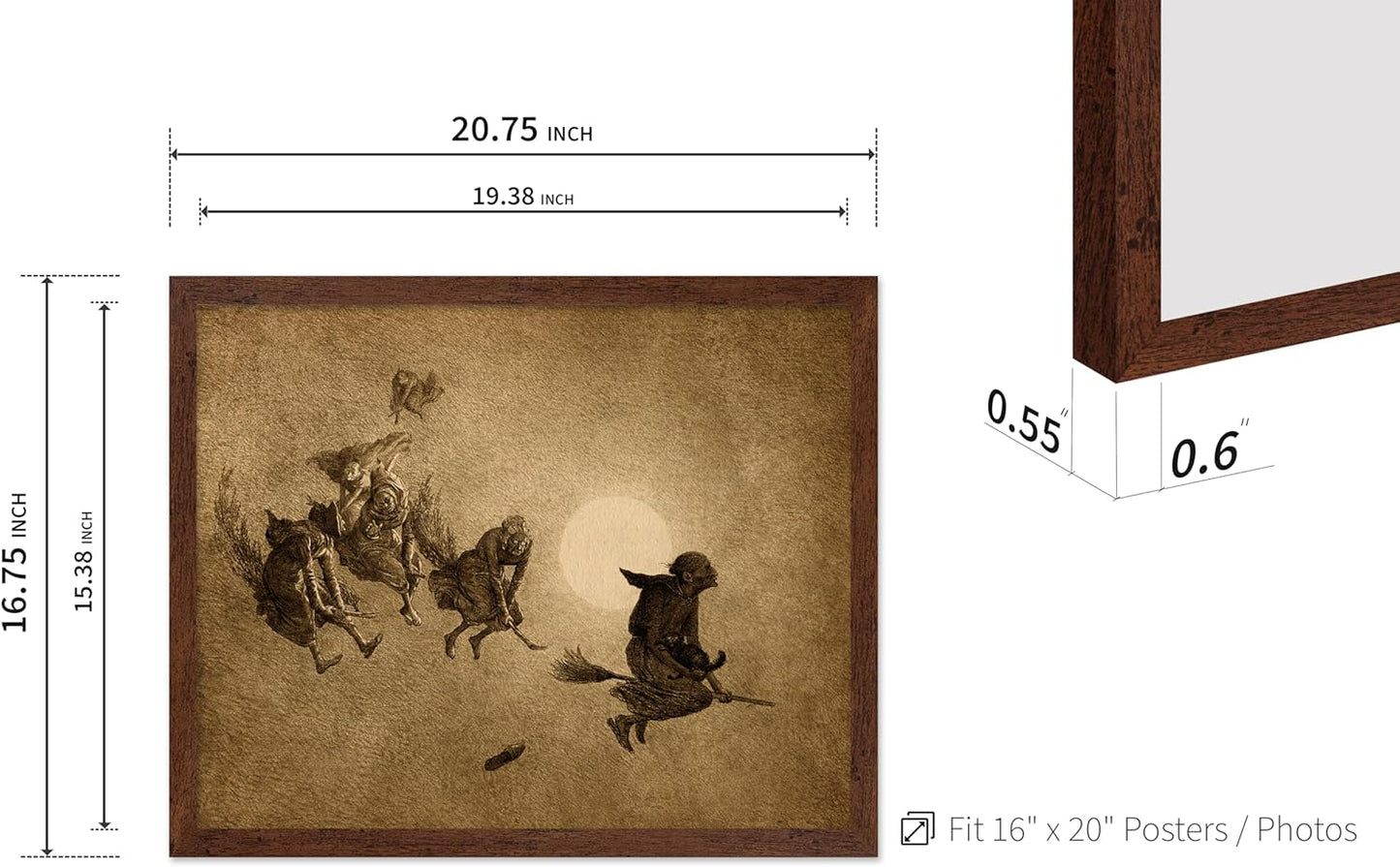 Poster Master Vintage William Holbrook Beard Poster - Retro Occult Print - Gift for Gothic, Horror Fan - The Witches Ride, Pagan, Goth, Magic - Wall Decor for Bedroom, Dorm, 16x20 Brown Framed