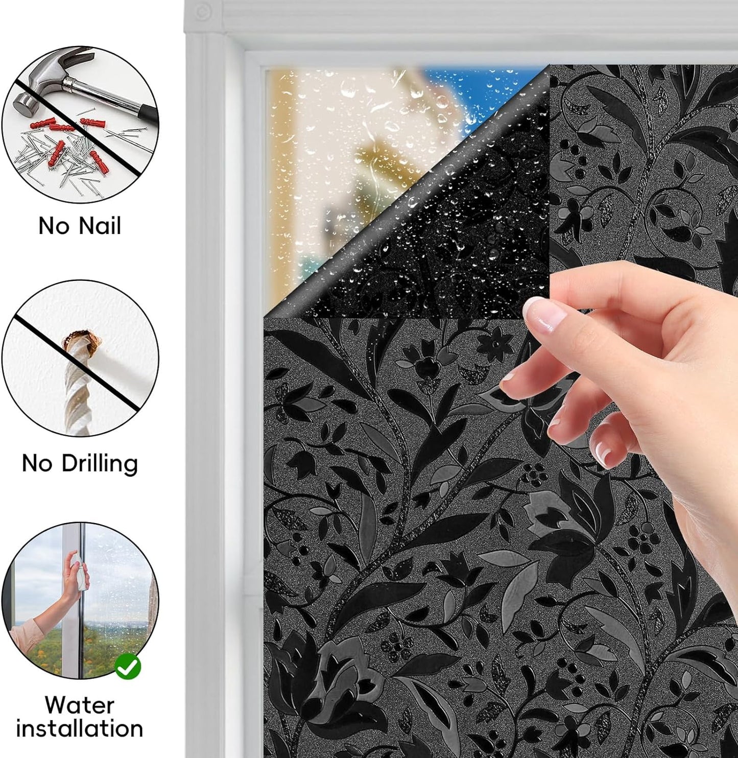 Blackout Window Privacy Film Decorative with Tulip Design, Removable Black Out Tint for Home, 17.5" by 78.74"