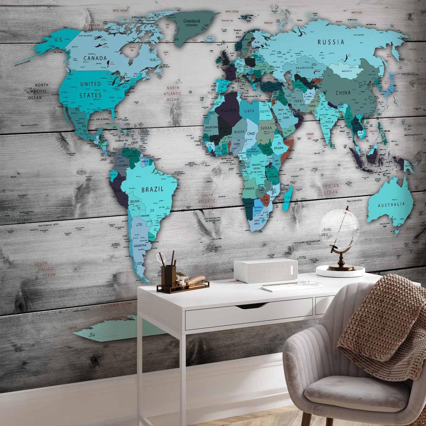 artgeist Wall Mural World Map 193x138 in - XXL Peel and Stick Self-Adhesive Wallpaper Removable Large Sticker Foil Wall Decor Print Picture Image Design Map of The World k-B-0009-a-d
