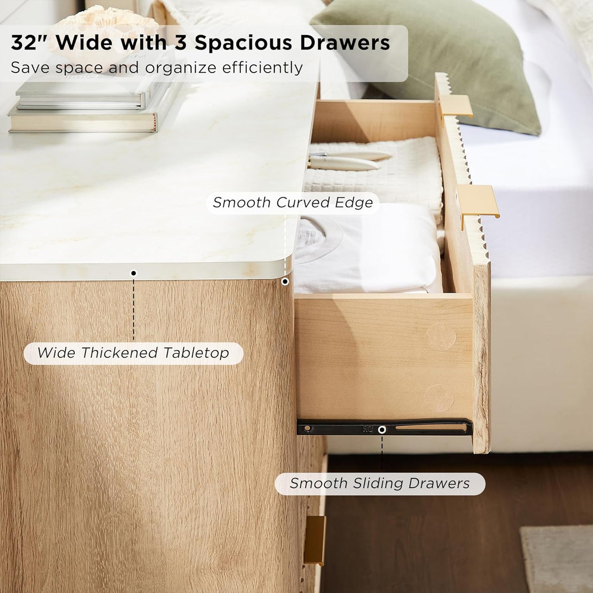 T4TREAM 32" Tall Fluted Nightstand, Modern Side Table with Faux Marble Top, 3 Drawers End Table w/Storage, Bedside Table for Bedroom, Living Room, Curved Profile Design, Natural Oak