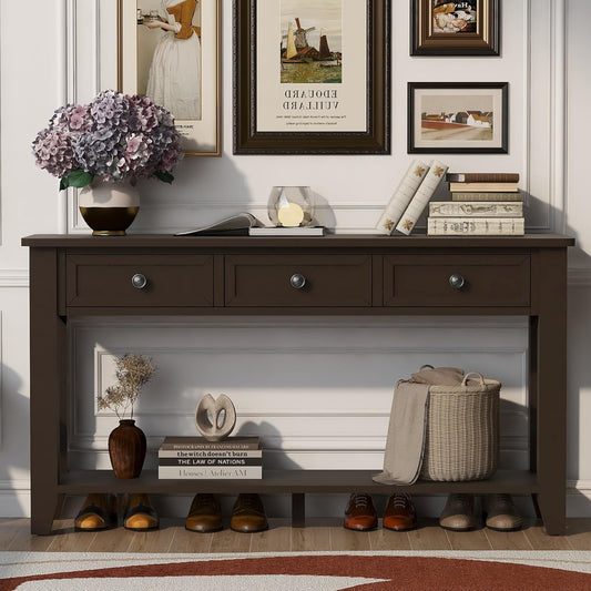 Farmhouse Modern Console Table 55.4-Inch Entryway Sofa Table with Drawers & Storage Shelf for Living Room Hallway Entrance, Dark Coffee