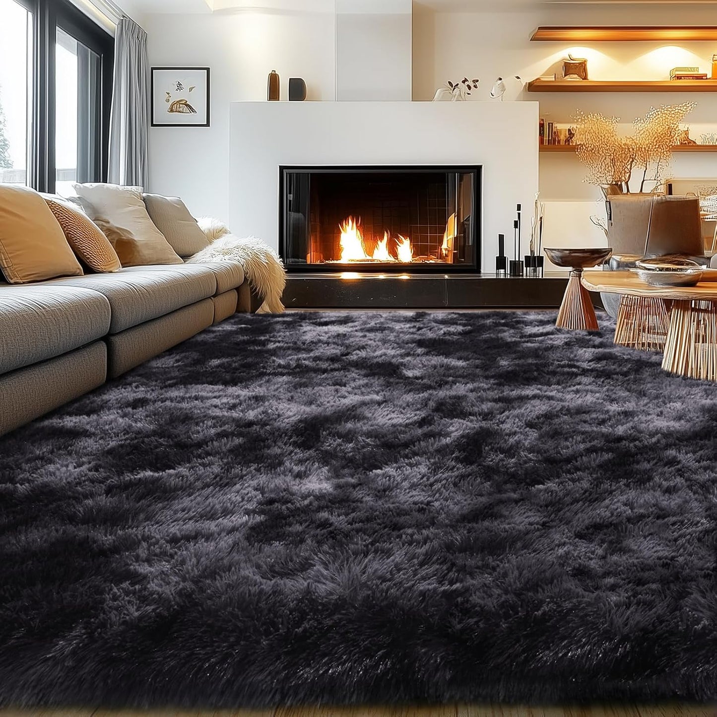 Rezutan Area Rugs 8x10 Living Room, Large Fluffy Rug for Bedroom, Soft Shag Shaggy Fuzzy Carpets for Boys and Girls Dorm Room Home Decor Aesthetic,Black Grey Tie-Dyed.
