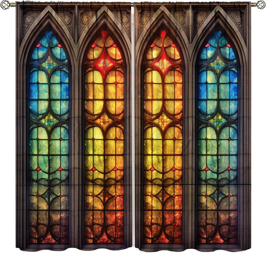 Stained Glass Curtains,Mid Century Vintage Style Abstract Art Home Decor Drapes for Bedroom Living Room Kitchen Window Treatment 2 Panels Set Total Size 55" W X 63" L Inch