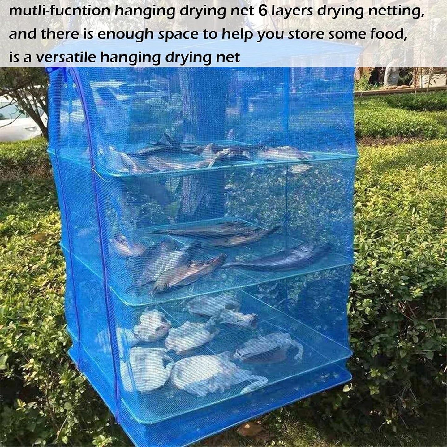 Drying Rack 6 Layers Folding Fish Mesh, Foldable Nylon Netting, Hanging Drying Fish Net, for Shrimp Fish Fruit Vegetables Herb, with Zipper Opening-Blue (37.4X19.6X19.6 in)…
