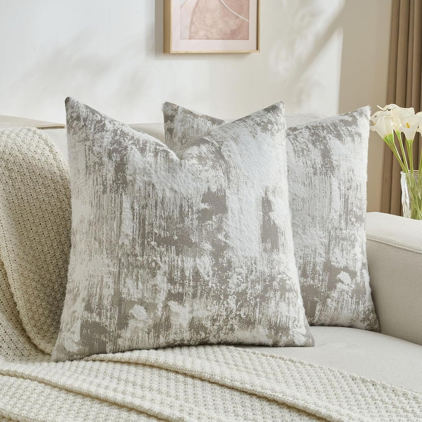 FUTEI Grey White Decorative Throw Pillow Covers 24x24 Inch Set of 2,Soft Faux Cashmere Jacquard - Textured & Cozy Euro Pillow Shams,Modern Home Decor for Couch Bed Living Room