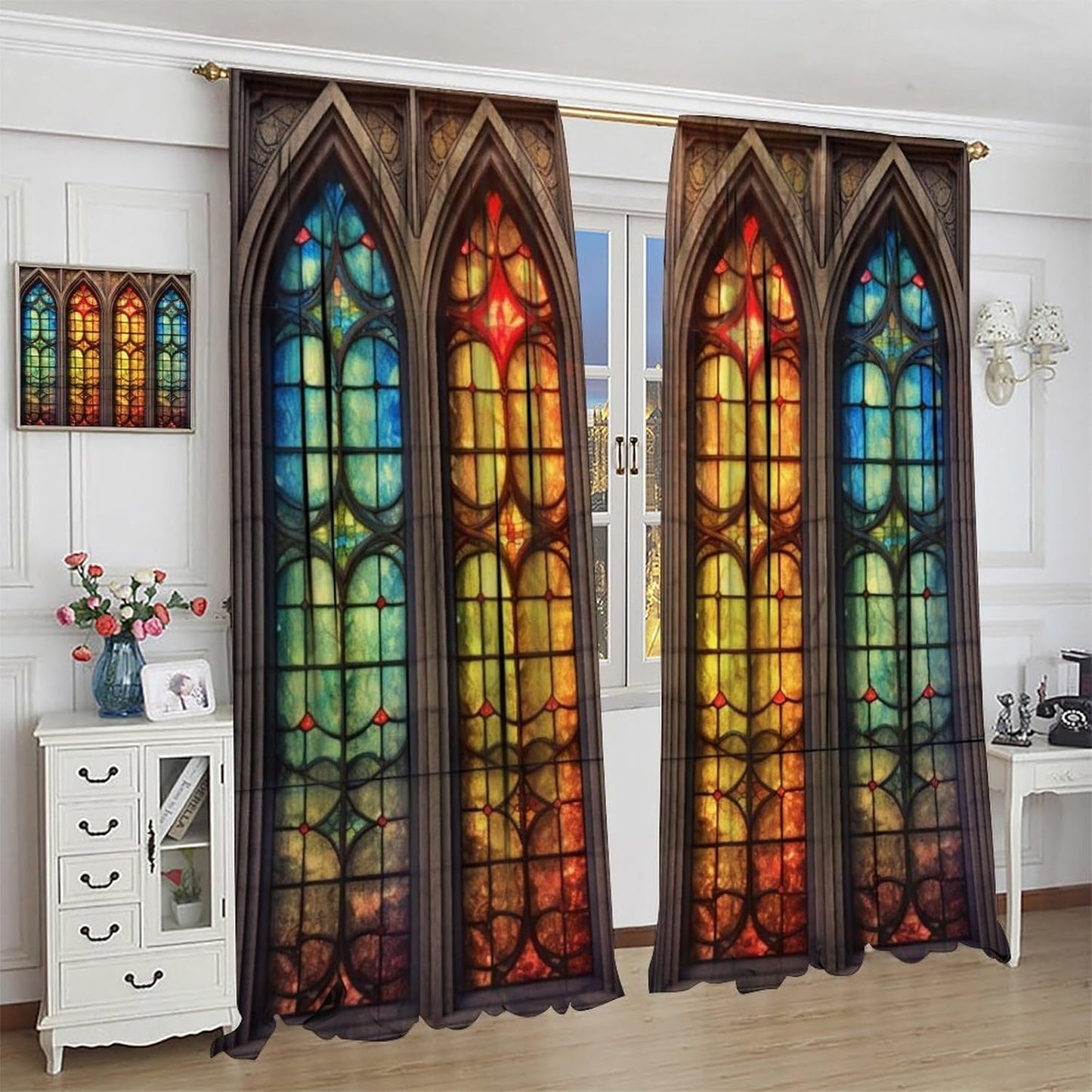 Stained Glass Curtains,Mid Century Vintage Style Abstract Art Home Decor Drapes for Bedroom Living Room Kitchen Window Treatment 2 Panels Set Total Size 42" W X 54" L Inch