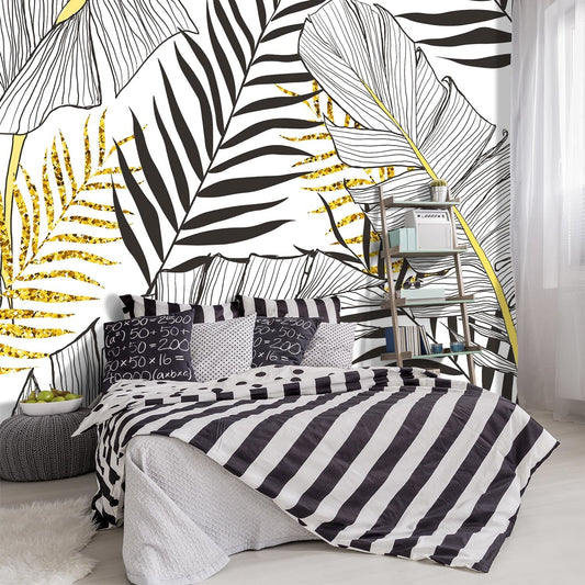 -Black and Gold Tropical Botanical Banana Leaf Fabric Wallpaper Living Room Bedroom Bathroom Abstract Plant Large Wall Mural- 160"x108"（ not Peel and Stick）
