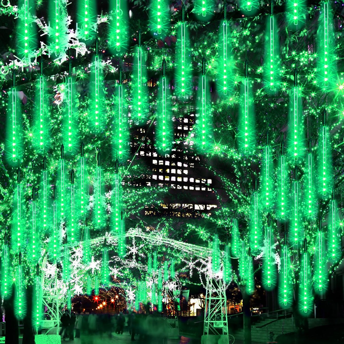 4 Pack Christmas Meteor Shower Rain Lights, 20-Inch 40 Tube 1440 LEDs Icicle Outdoor Raindrop Lights for Xmas, Halloween, Wedding, Party, Tree, Holiday Decoration, Green
