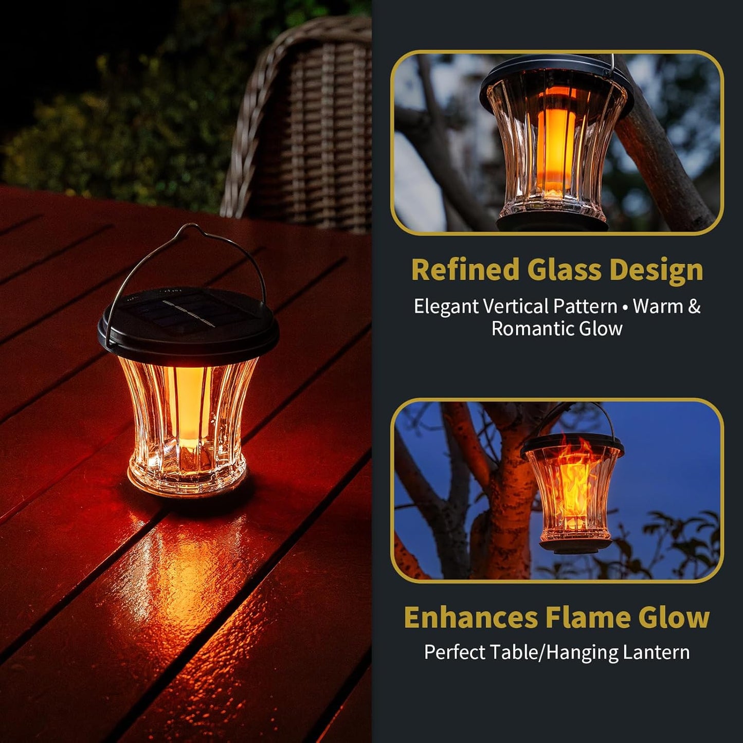 Glass Solar Lantern Outdoor Lights Waterproof, Flickering Flame Solar Lights with Modular Design, Auto On/Off Decorative Hanging Lanterns for Patio Garden Pathway Camping Deck Yard (4 Pack)