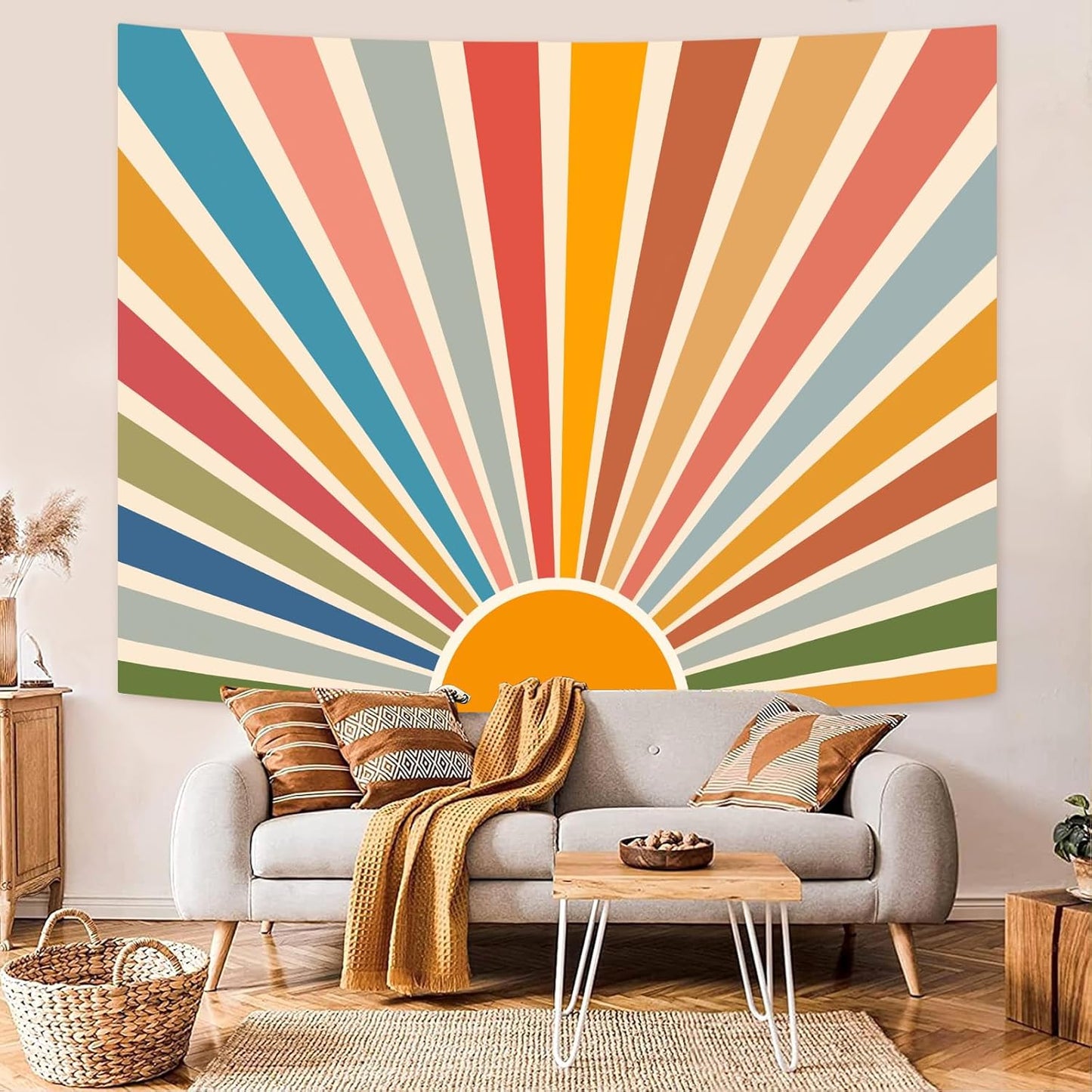 Kanuyee Boho Burning Sun Tapestry Wall Hanging, Retro 70s Abstract Vintage Geometric Rainbow Sunrise Tapestries for Bedroom Living Room Backdrop 36×48 inch