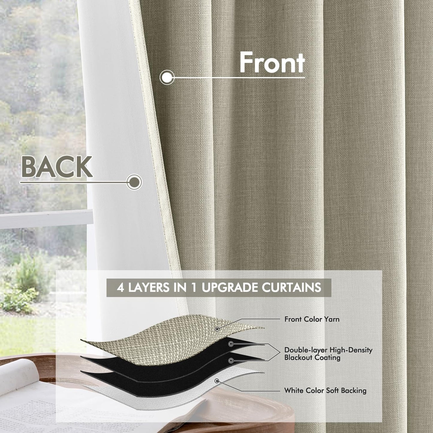 MIULEE 100% Blackout Curtains 108 Inch Long 2 Panels Set for Bedroom, Thick Luxury Faux Linen Black Out Curtain Room Darkening Back Tab Pleat Window Textured Drapes with Hooks for Living Room, Oatmeal
