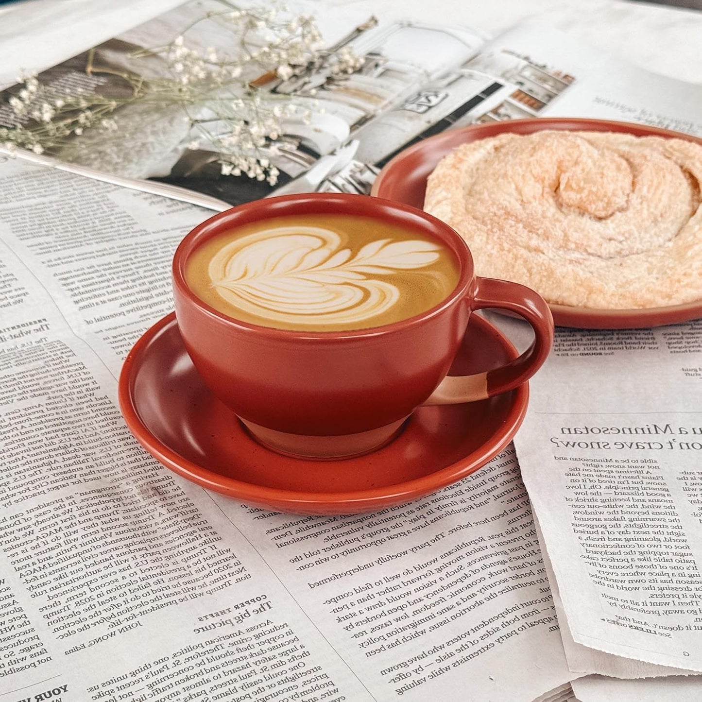 Mora Ceramic Latte Art Mug With Saucer - 10.5 oz, Round Bottom For Perfect Pours - Cafe Cups for Cappuccino, Espresso, Coffee, Tea etc - Porcelain Set for Baristas, Great Gift - Crimson Red
