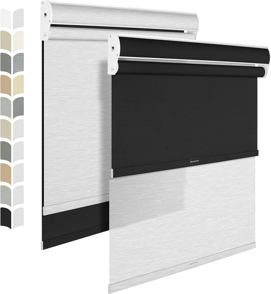 BERISSA Cordless Dual Roller Shades with Cassette Valance, Double Window Shades - Blackout and Light Filtering - Day and Night for Home Office Door. Linen Black and White. 34 W x 36" H