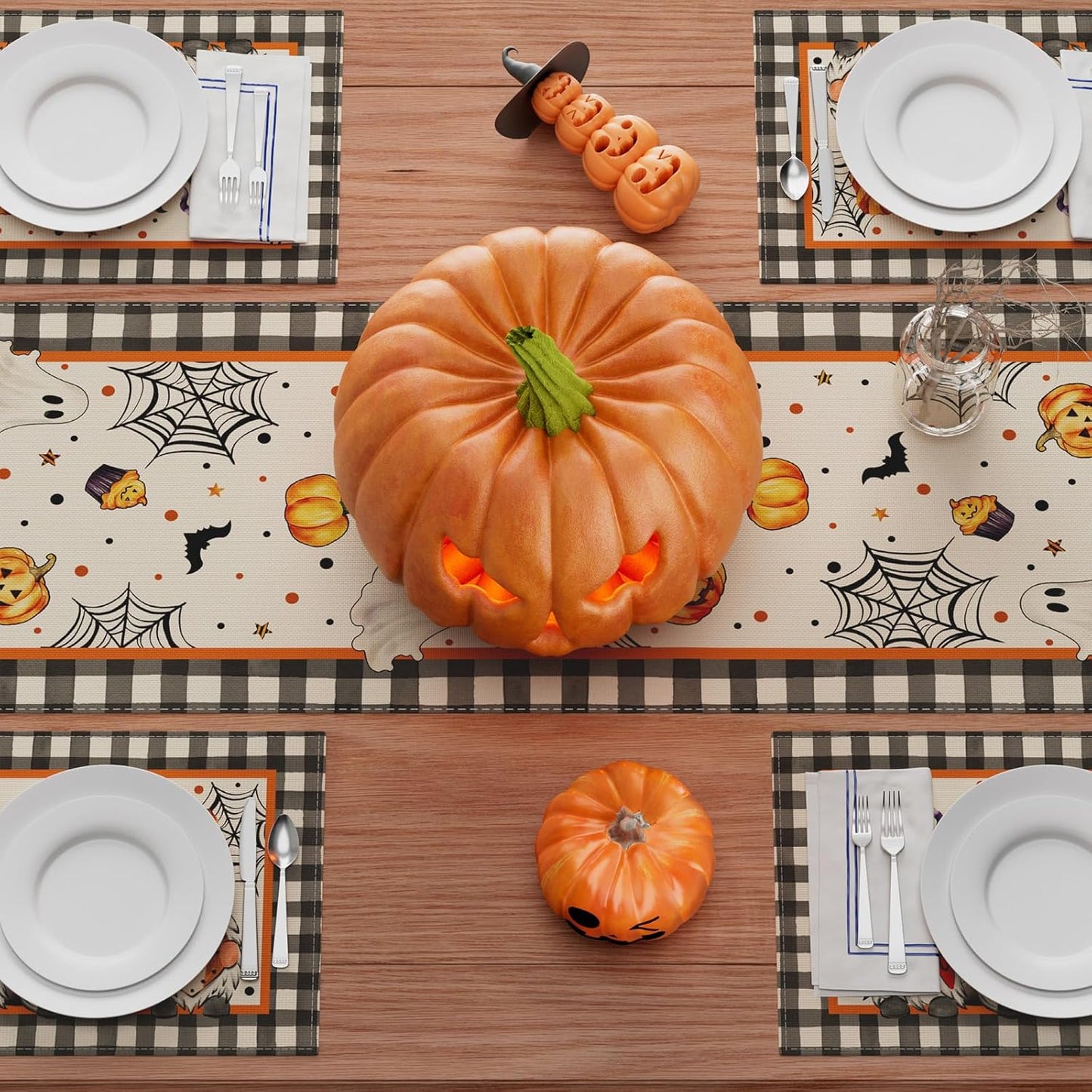 XCHI Spooky Boo Plaid Gnome Halloween Table Runner Party Table Decoration for Home Kitchen Dining Holiday Decor 13x36 Inch
