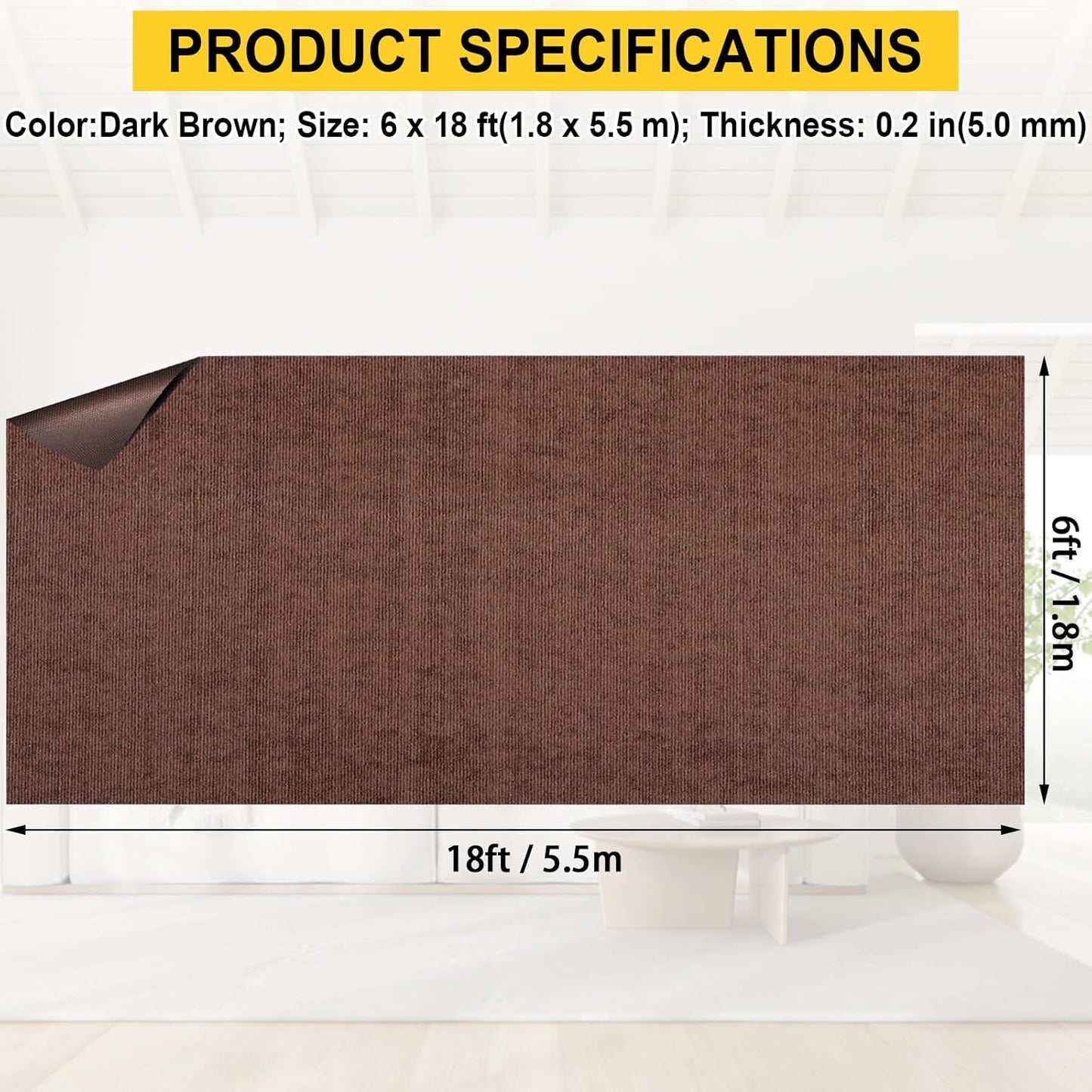 Marine 6 FT x 18 FT Brown Indoor/Outdoor Rug 0.2" Thick - Boat Carpet with Water-Proof TPE Backing, Non-Slide for Home, Patio, Porch, Deck