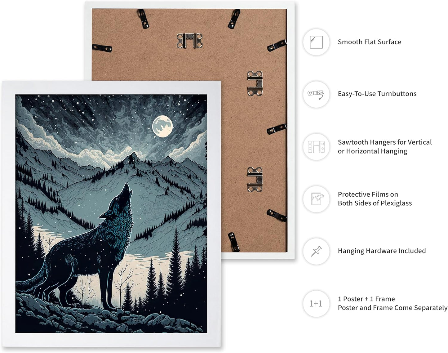Poster Master Vintage Illustration Poster - Retro Animal Print - Gift for Artist, Friend - Wolf Howling at the Moon, Mountain, Snow, Landscape - Wall Decor for Home, Office, 16x20 White Framed