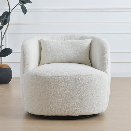 KINWELL 34" Wide Sherpa Swivel Barrel Chair, No Assembly Round Boucle Upholstered Accent Chair Armchair Single Sofa Chair with Toss Pillow for Living Room and Bedroom, Beige