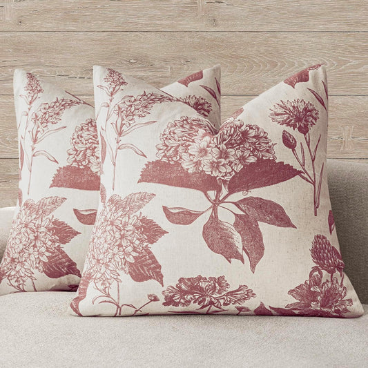 Foindtower Set of 2 Linen Floral Throw Pillow Covers Vintage Accent Print Decorative Cushion Covers Farmhouse Boho Home Decor for Sofa Chair Couch Bedroom Living Room Outdoor,18×18 Inch,Dark Pink