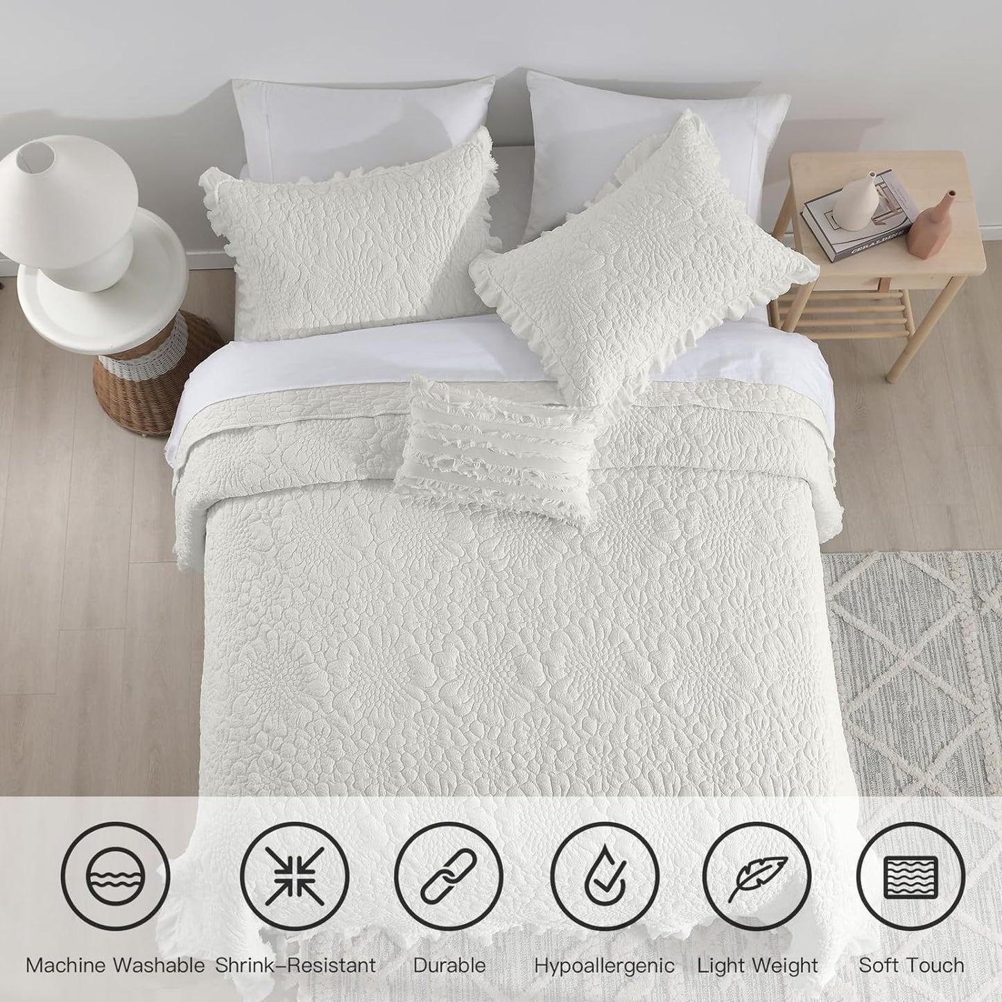 HORIMOTE HOME Cream White Ruffled Quilt King Size, Stone-Washed Microfiber Lightweight Crinkled Farmhouse Shabby Chic Bedding Set, 3 Pieces Reversible Bedspread with Pillow Shams for All Season