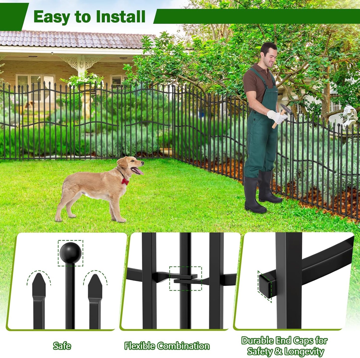 16 Panels Tall No Dig Garden Fence - 40in H x 36ft L 15 Panels + 1 Gate, Reinforced Square Tube Rustproof Animal Barrier, Decorative Metal Fencing for Yard & Outdoor Dog Pet Play Areas