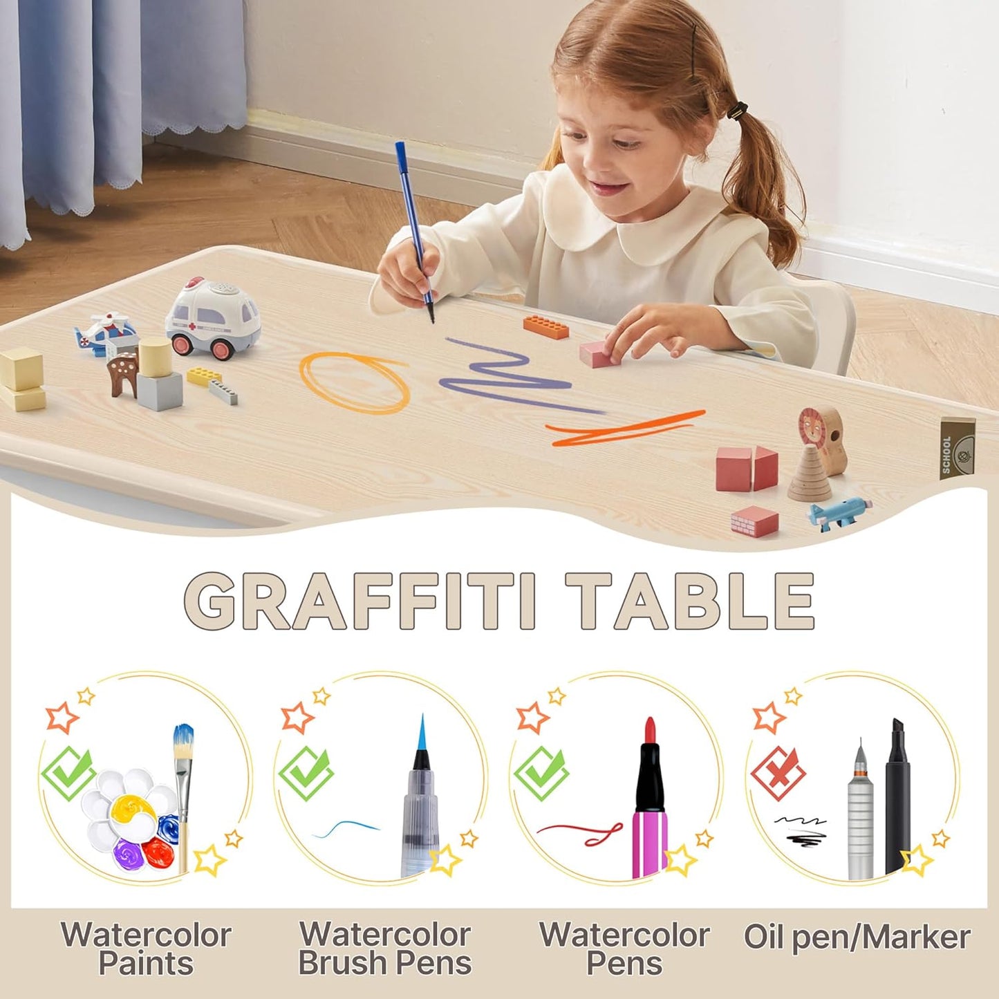 Kids Study Table and Chairs Set, Height Adjustable Toddler Table and Chair Set for Kids Ages 3-8, Graffiti Desktop (Burlywood - 2)