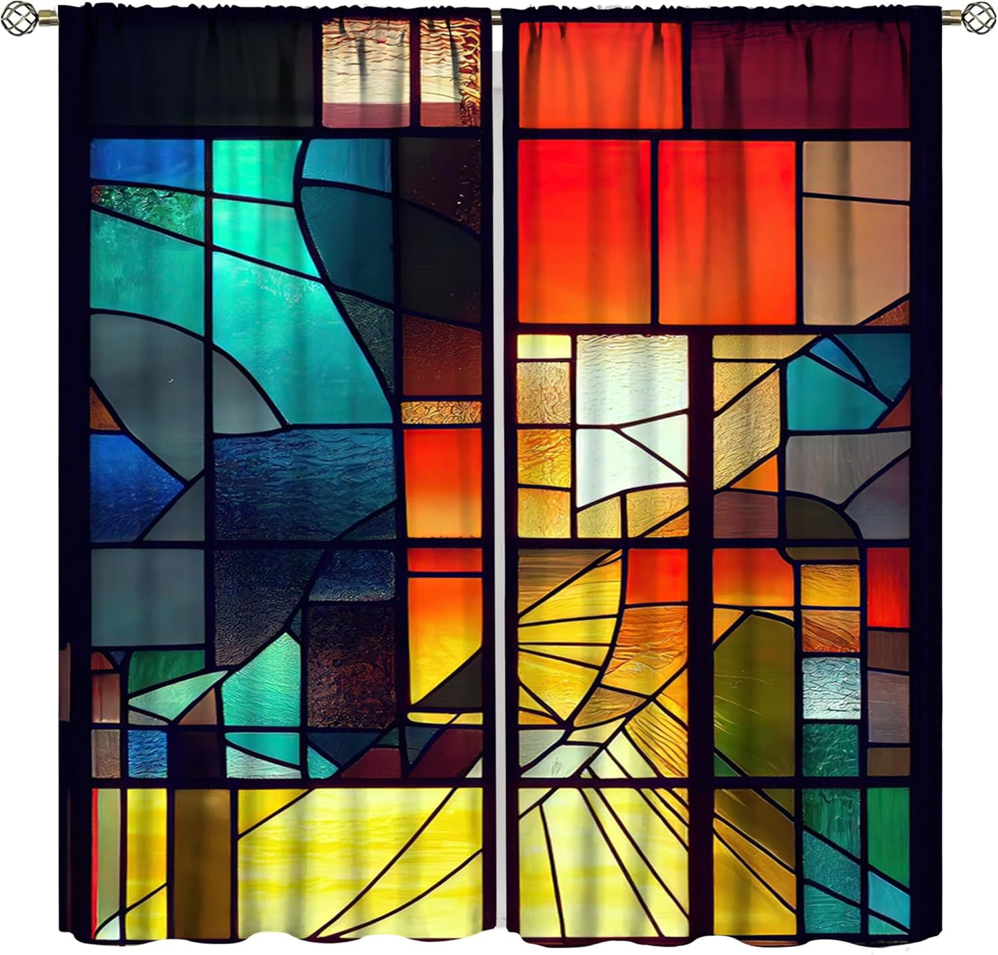 Stained Glass Curtains,Retro Abstract Colorful Geometry Textures Art Home Decor Drapes for Bedroom Living Room Kitchen Window Treatment 2 Panels Set Total Size 63" W X 63" L Inch