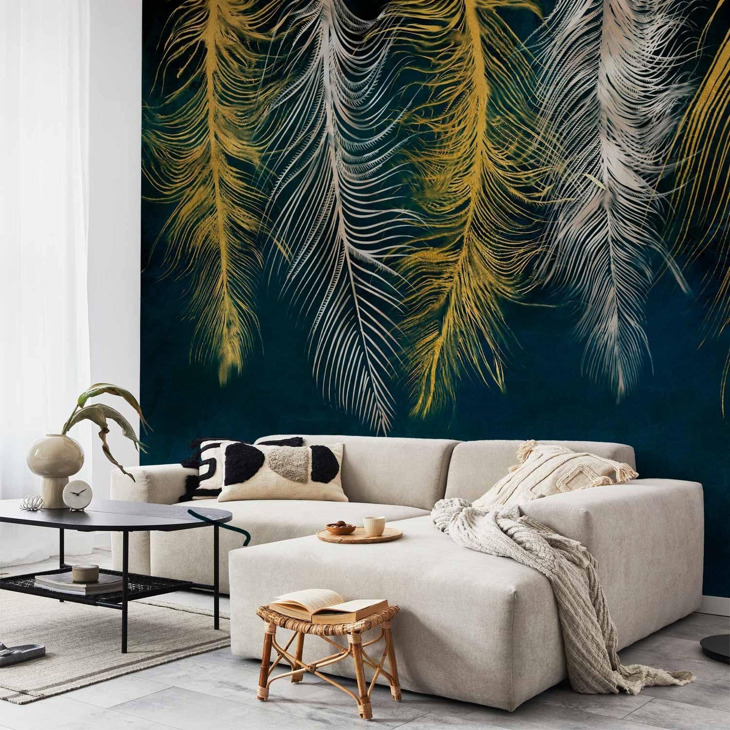 artgeist Wall Mural Feather 138x101 in - XXL Non-Woven Wallpaper Fleece Wall Decor Photo Print Picture Image Design Landscape Abstract Beige Navy Blue b-A-0812-a-a