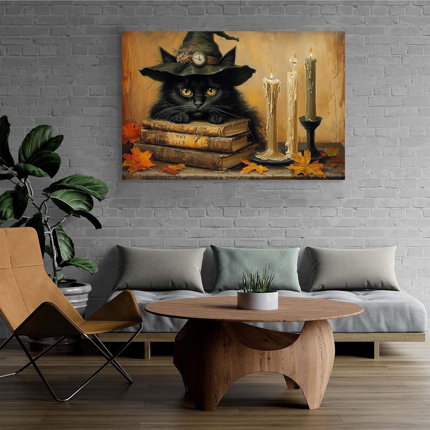 Vintage Halloween wall decoration black cat and magic book suitable for home bedroom living room decoration dark classic art witch wall decoration24x36in Wood Framed