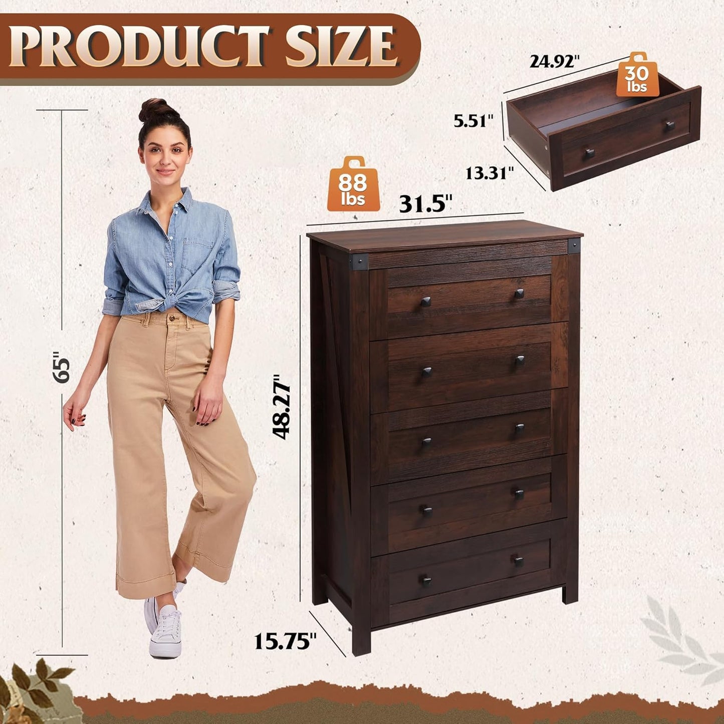 WLIVE Farmhouse Brown Dresser for Bedroom, 5 Drawer Dresser Storage Organizer, Tall Wood Dressers with Double Rustic Handle, Chest of Drawers for Living Room, Hallway, Closet