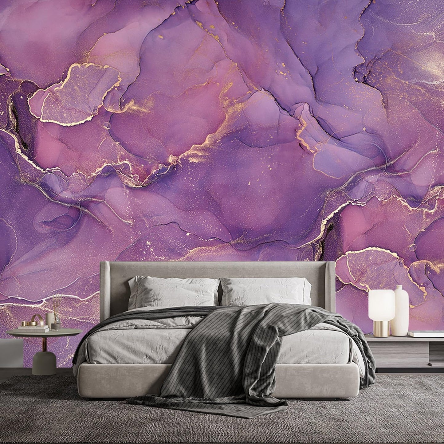 -Purple Marble Fabric Wallpaper Abstract Texture Mural Bedroom 140" x 91" (Not Peel and Stick)