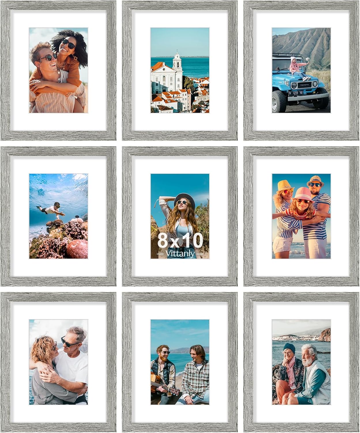 Vittanly 8x10 Picture Frames Set of 9, Shatter Resistant Plexiglass, Display 5x7 Pictures with Mat or 8x10 without Mat, Photo Frames for Wall or Tabletop, Engineered Wood, Grey