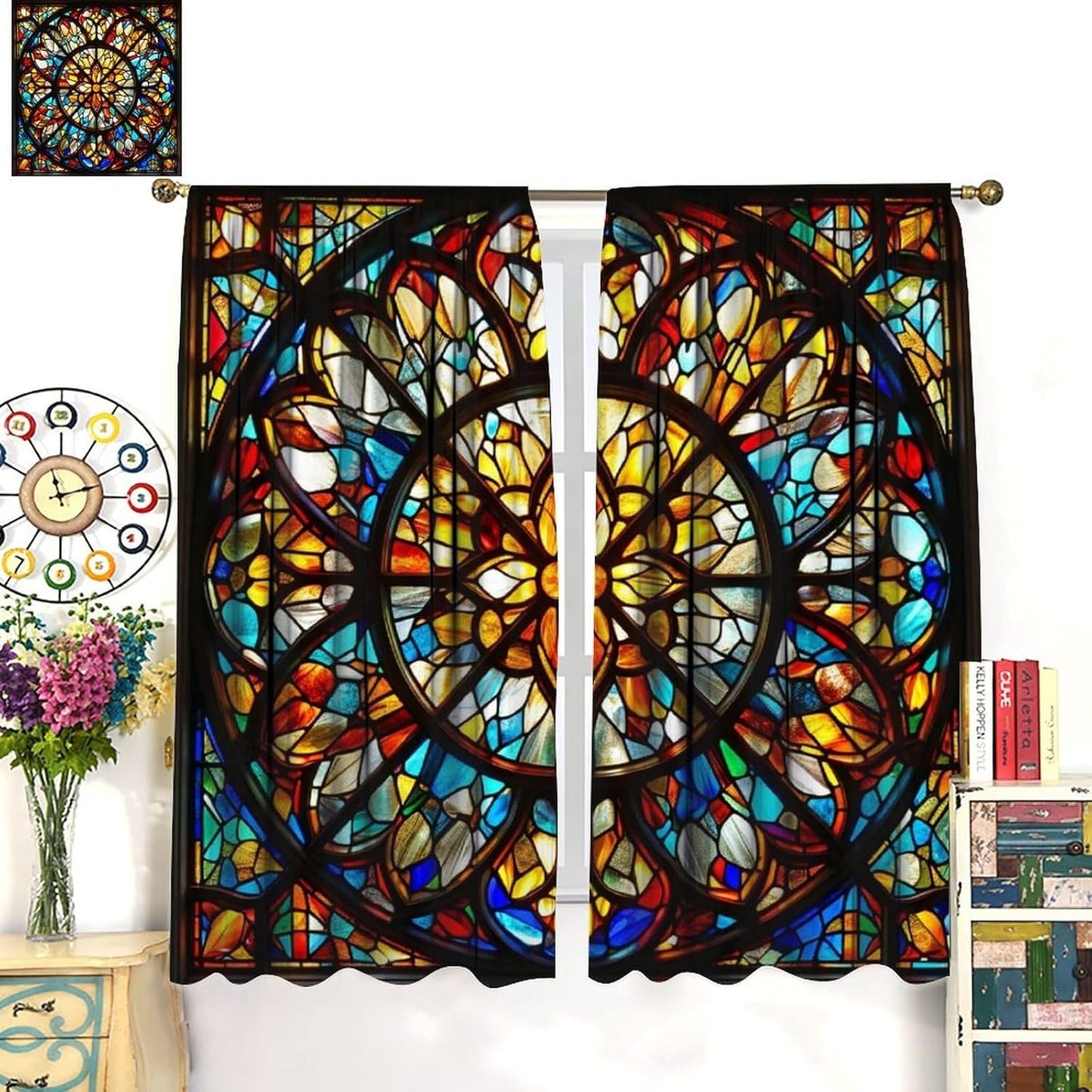 Stained Glass Curtains,Retro Mid Century Abstract Colorful Geometric Prints Home Decor Drapes for Bedroom Living Room Kitchen Window Treatment 2 Panels Set Total Size 72" W X 63" L Inch