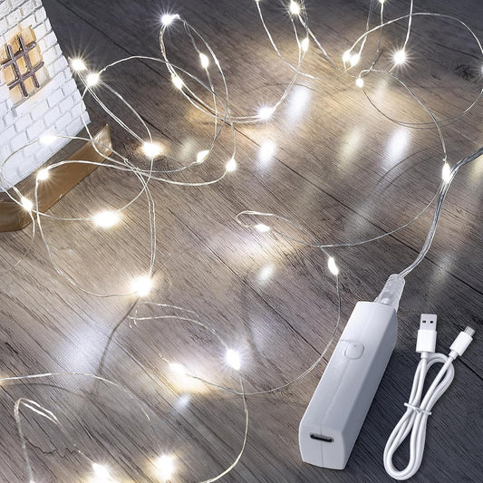 Lakumu 32FT(16 * 2) Fairy Lights Battery Operated, Rechargeable String Lights with Timer, LED Twinkle Lights for Bedroom, Christmas Decorations, Wedding, Vine, Centerpiece Table Decor Cool White