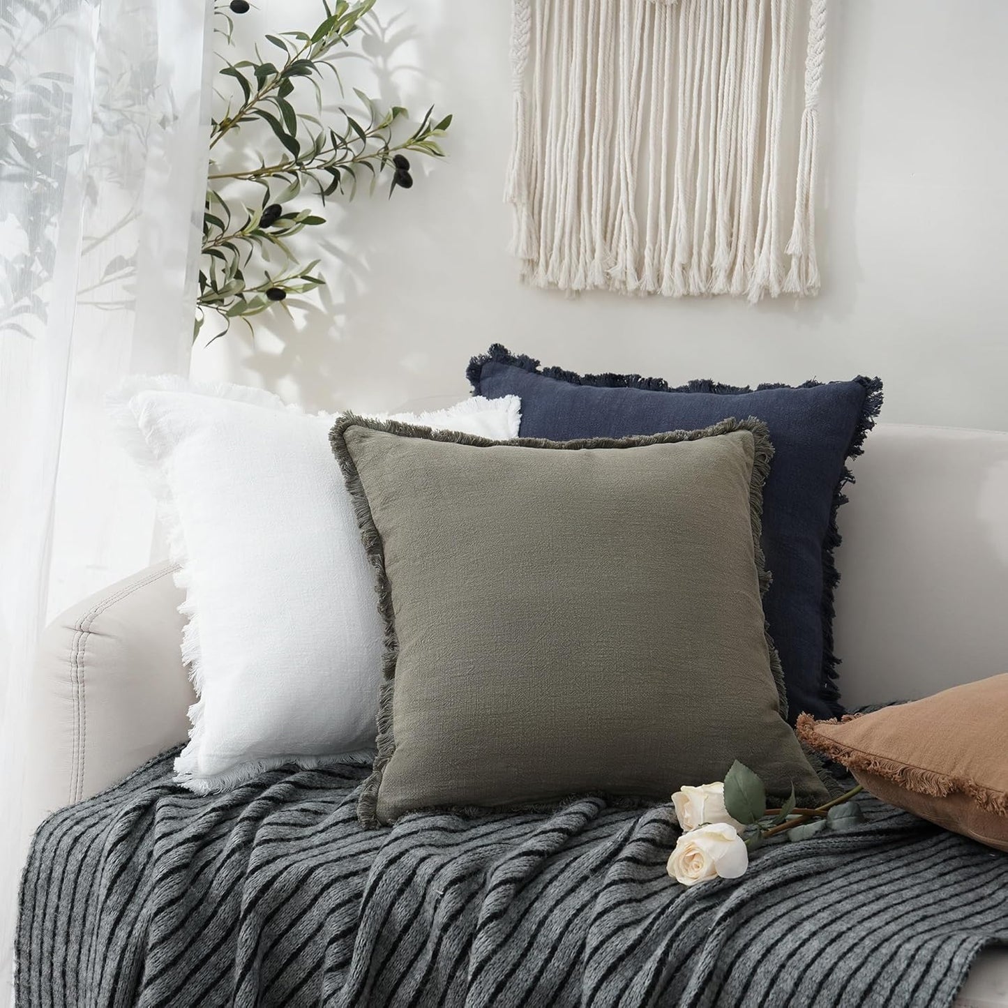 Foindtower Set of 2 Decorative Linen Fringe Throw Pillow Covers Cozy Boho Farmhouse Cushion Cover with Tassels Soft Accent Pillowcase for Couch Sofa Bed Living Room Home Decor, 24×24 Inch, Navy Blue