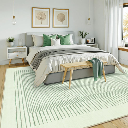 Wonnitar Washable Striped 8x10 Rugs for Living Room, Non-Slip Soft Sage Green Bedroom Rug, Low Pile Minimalist Floor Carpet for Nursery Playroom Dining Room Department (Green, 8' x 10')