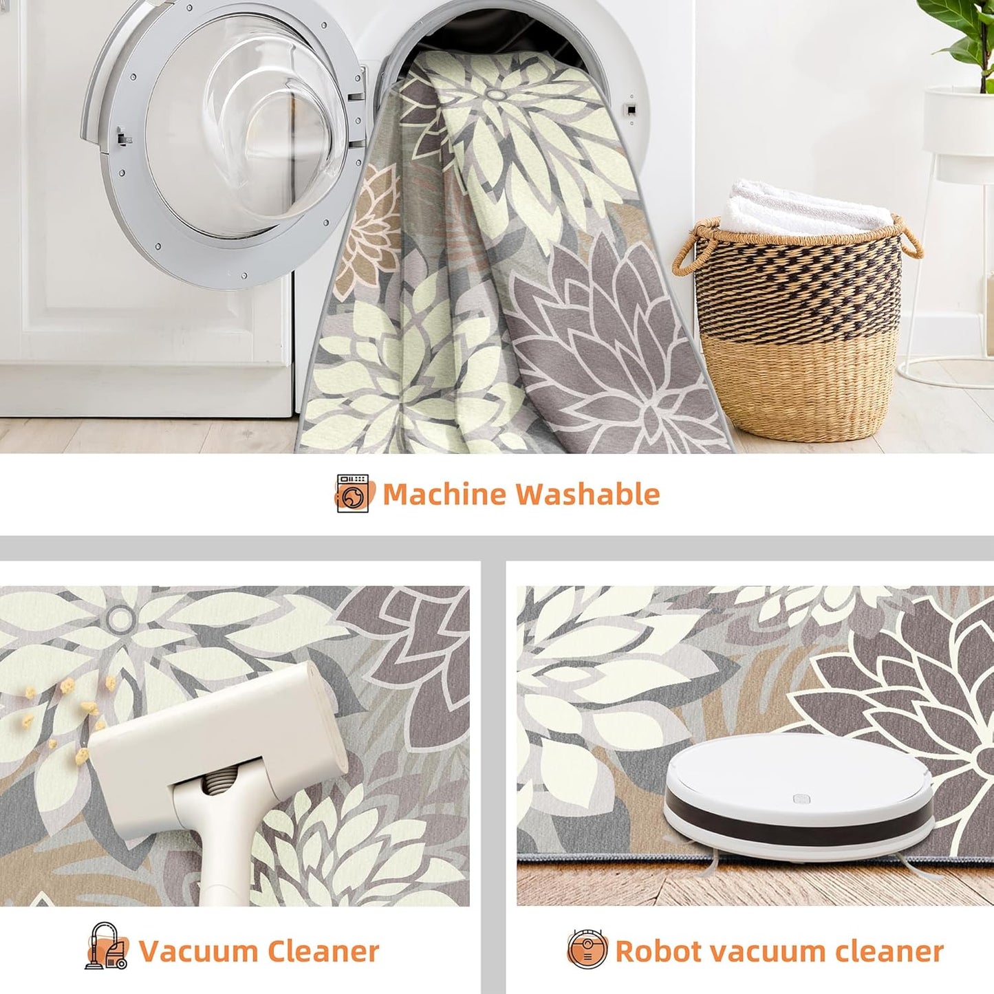 Indoor Outdoor Area Rug Washable Multicolored Patio Rug Tropical Botanical Modern Floral Indoor Outdoor Carpet Brown White Rug Non Slip Non Shedding for Patio, Deck, Backyard, Porch (5x8)