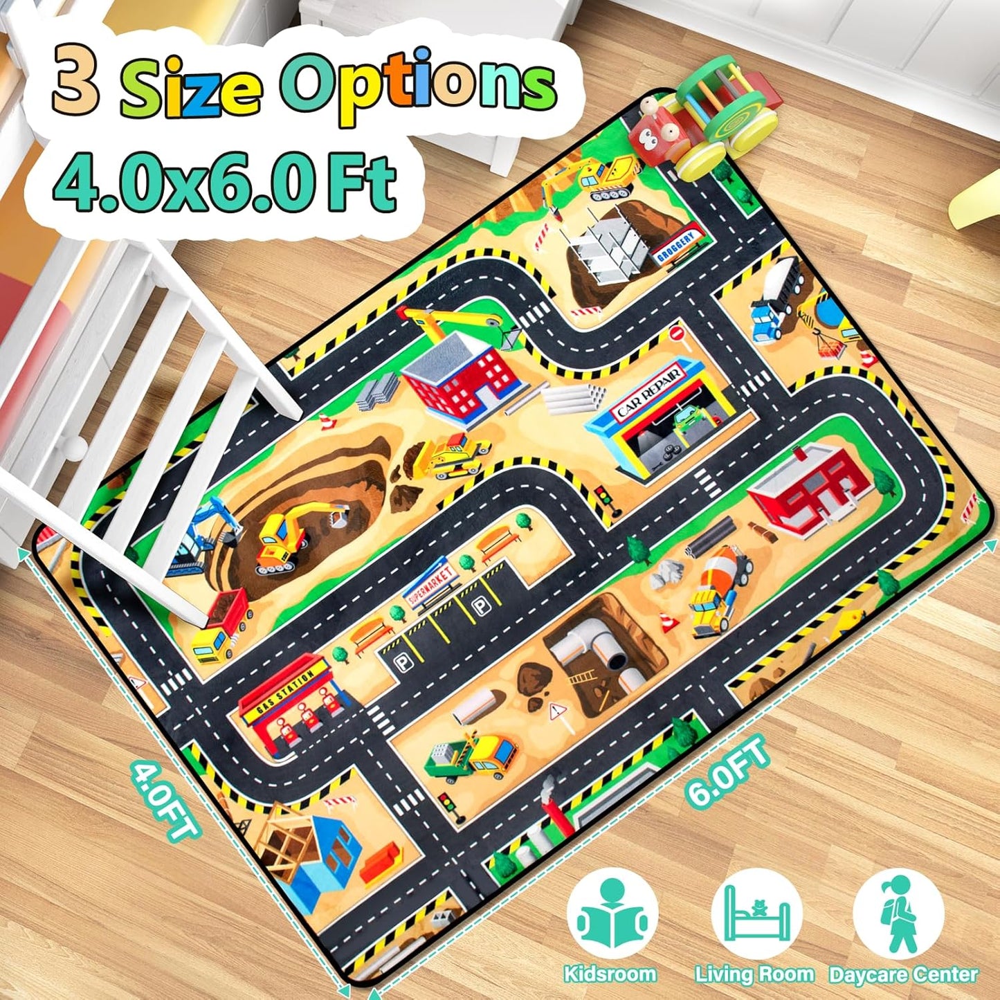 Kids 4x6 Ft Construction Site Play Rug, Baby Play Mat, Tufted Wool & Rubber, Non-Slip, Stain & Fade Resistant, Machine Washable, Rustic Cartoon Construction Site Pattern