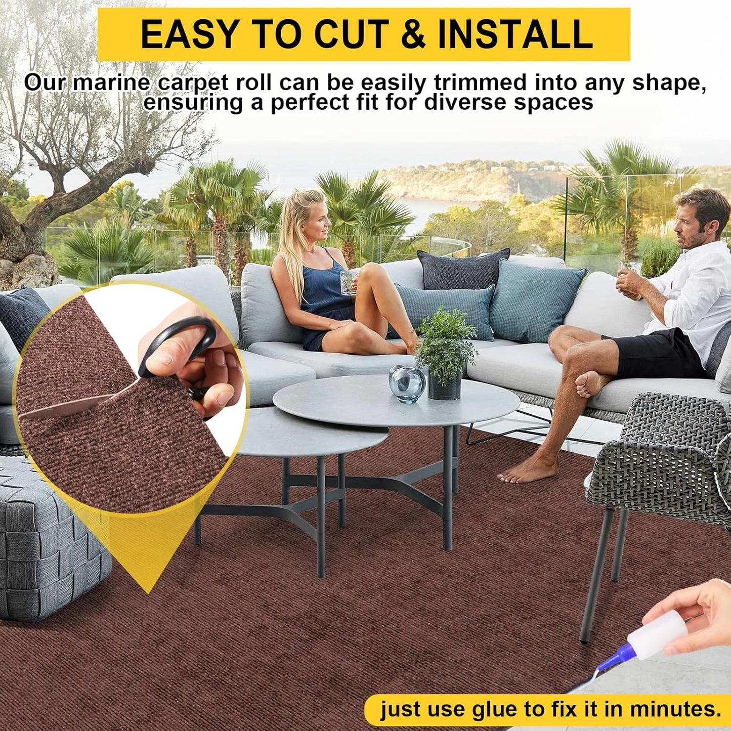 Marine Carpet, 6 FT x 14 FT Brown Indoor/Outdoor Area Rug, 0.2" Thick, Water-Resistant, Non-Slip, Machine Made, Solid, Marine Animals Theme