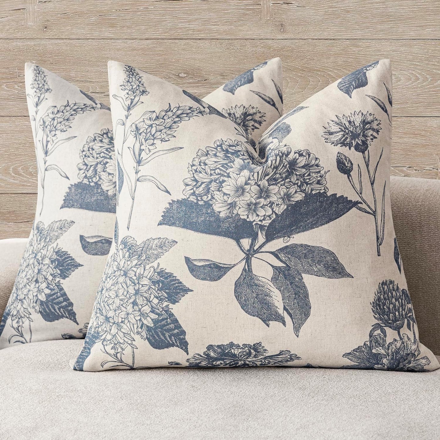 Foindtower Set of 2 Linen Floral Vintage Throw Pillow Covers Neutral Accent Print Decorative Cushion Covers Farmhouse Boho Home Decor for Sofa Chair Couch Bedroom Living Room Outdoor,24×24 Inch,Blue