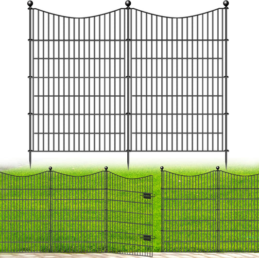 4 Panels Decorative Garden Fence with Gate, 48 in(H) X 10.5 ft(L) No Dig Dog Fence Animal Barrier Outdoor for Yard, Rustproof Metal Garden Edging and Borders, Temporary Fencing Stakes