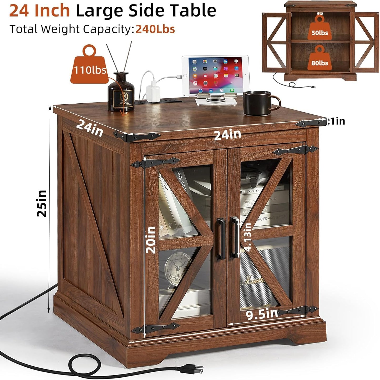 24" End Table with Charging Station, Farmhouse Night Stand with Glass Barn Door, Green Nightstands with Adjustable Storage Shelf, Large Wood Square Bed Side Table for Living Room, Bedroom