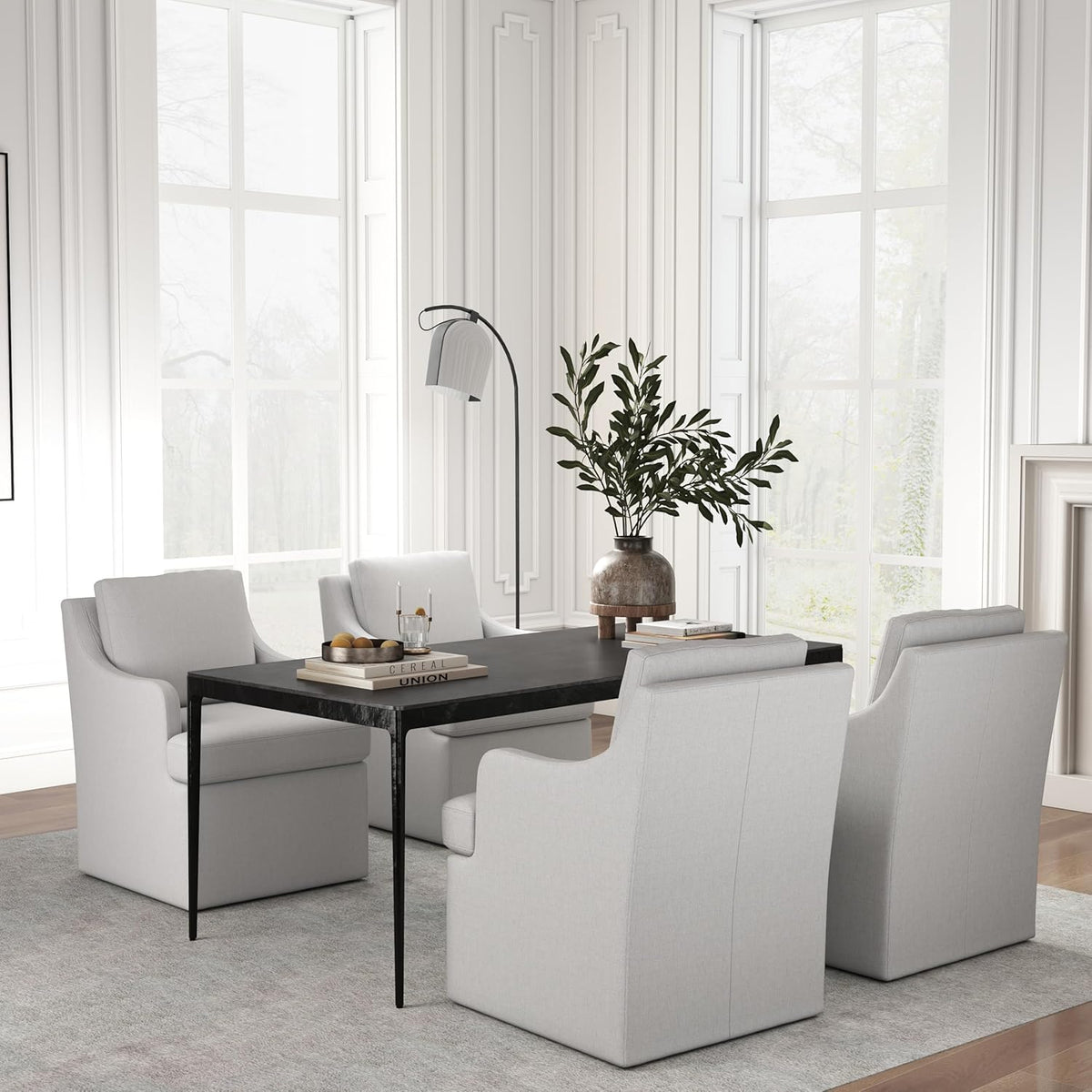 VKNOW Upholstered Dining Chairs Set of 4, Modern Kitchen Chairs Dinner Chairs with 4 Casters, Linen Armchair for Bedroom Reading Room Living Room, Light Grey