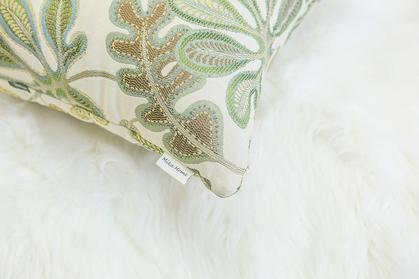 Set of 2 Jacquard Tropical Leaf Pattern Throw Pillow Covers Decorative Pillowcase 20X20 Inches,Green Cream