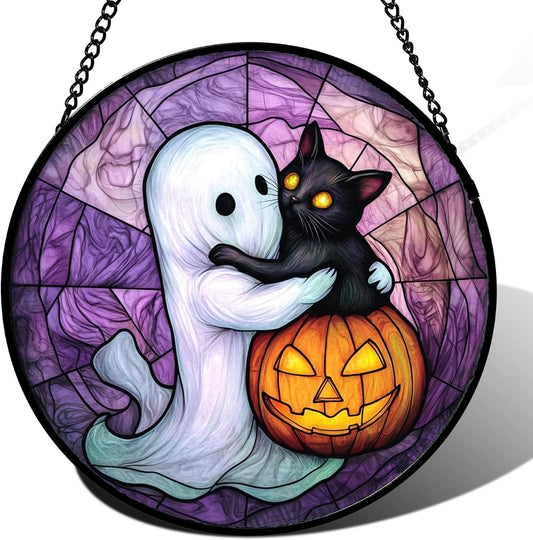Stained Glass Window Hanging - Halloween Decorations Ghost Black Cat Pumpkin Suncatcher for Door Garden Spooky Purple Sun Catchers Gothic Decor Horror Gifts for Women Men Friend Boy 15 in
