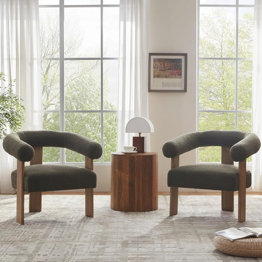 VKNOW Accent Chair Living Room Chair Set of 2, Modern Upholstered Armchair with Solid Wood Legs, Comfy Barrel Arm Chairs for Living Room Bedroom, Sage Green
