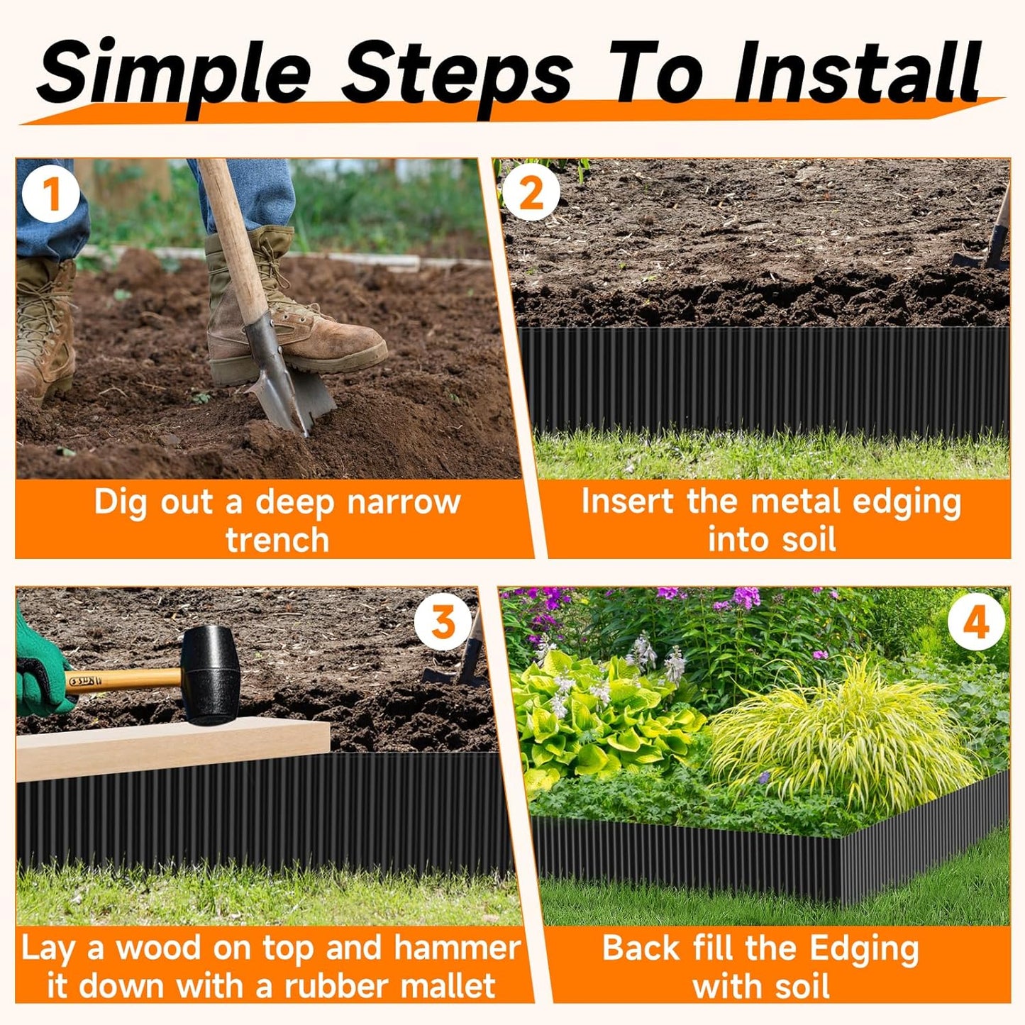 Corrugated Garden Edging, 6"×10Ft Galvanized Steel Landscape Edging & Lawn Edging Border, Metal Garden Border for Flower Beds, Garden，Lawn，Raised Beds & Tree Surrounds (Black)